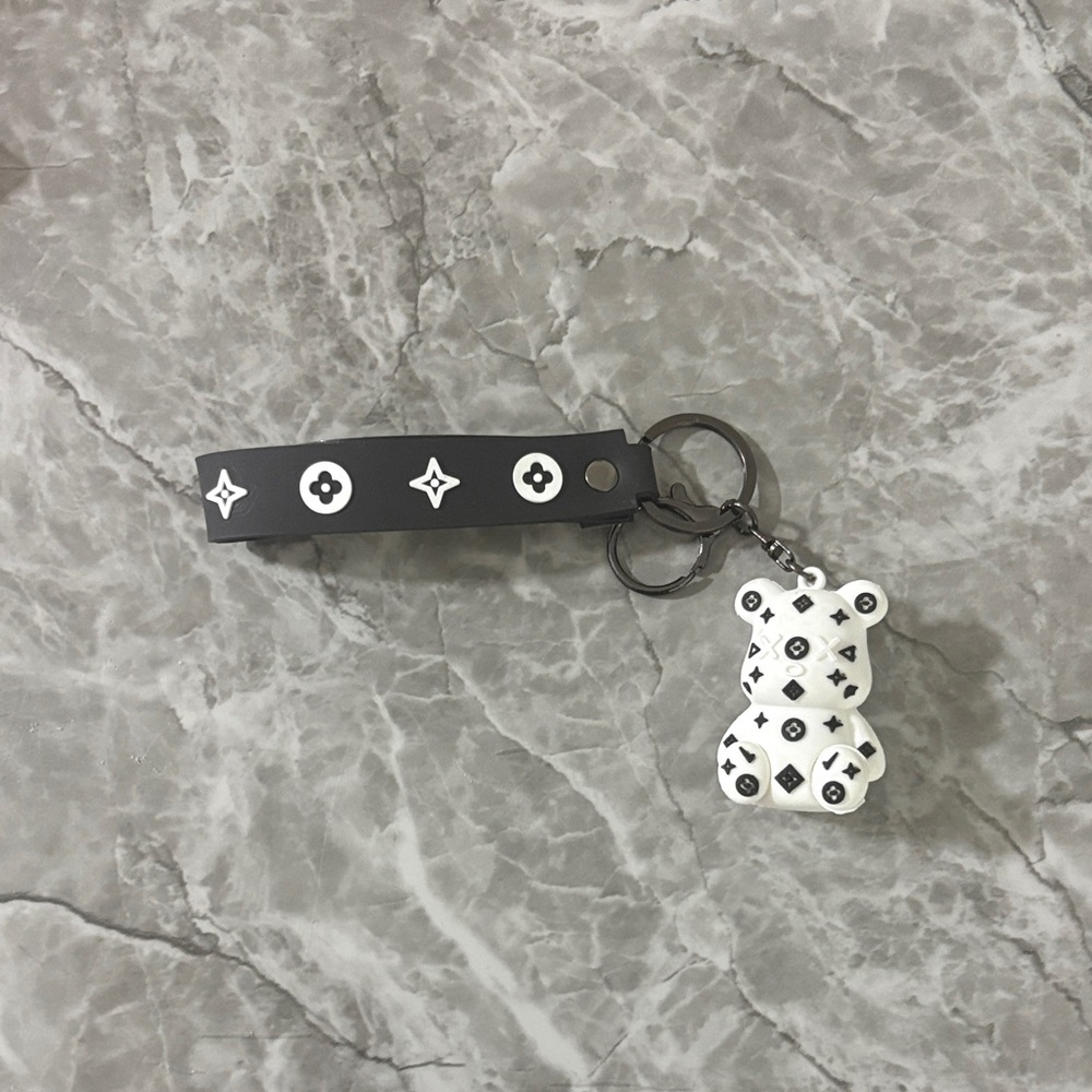 Black and White Bear Keychain with Strap